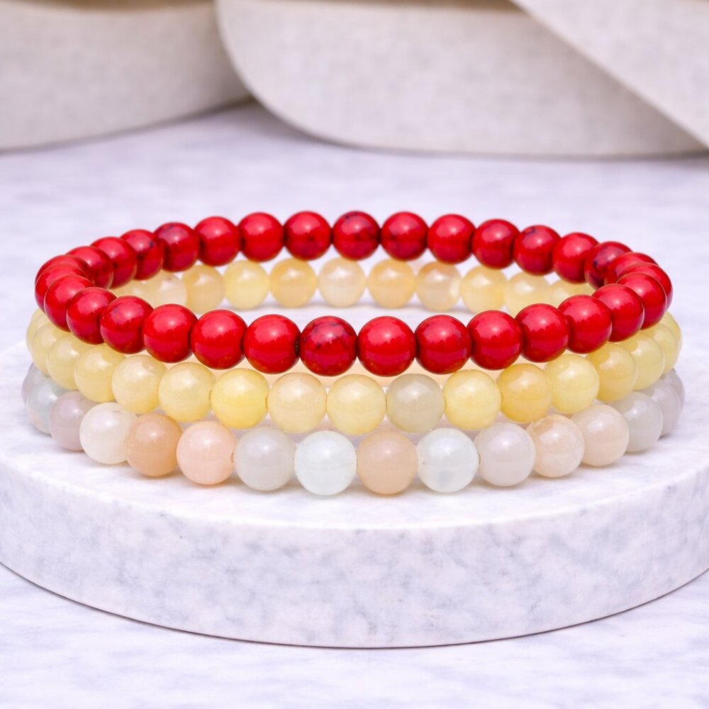 Bundle Deal: Bracelet Set (3) 6MM red howlite, yellow jade, peach moonstone